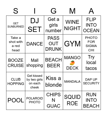 SIGMA CHI CABO Bingo Card
