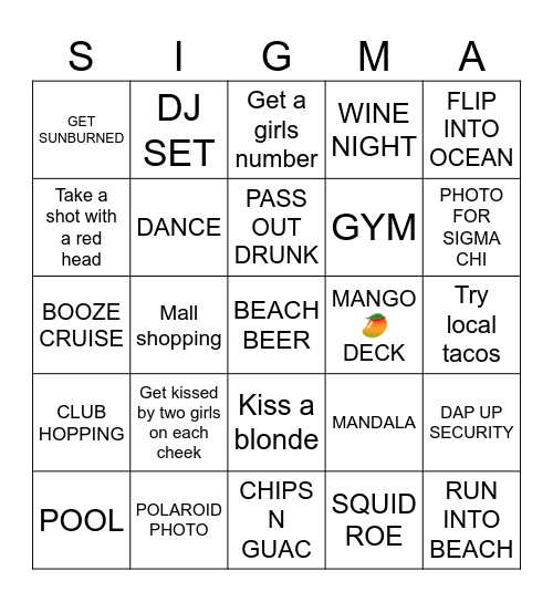SIGMA CHI CABO Bingo Card