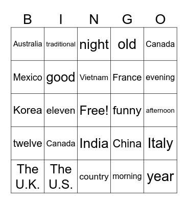 Grade 5 Lesson 1 :Where are you from Bingo Card
