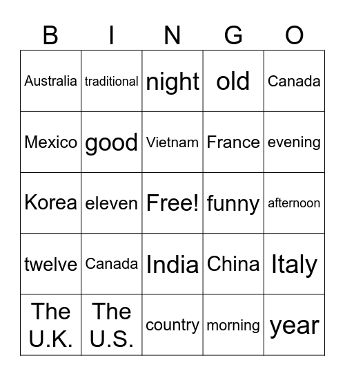 Grade 5 Lesson 1 :Where are you from Bingo Card