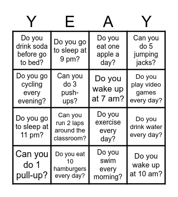 Exercise Bingo Card