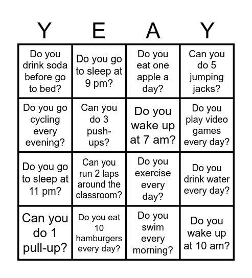 Exercise Bingo Card