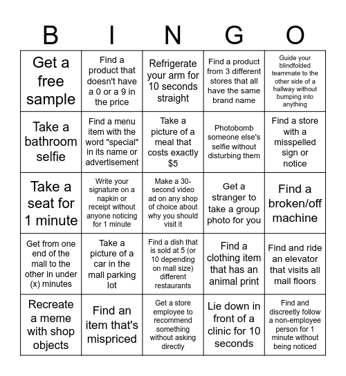 Mall Hunt Bingo Card