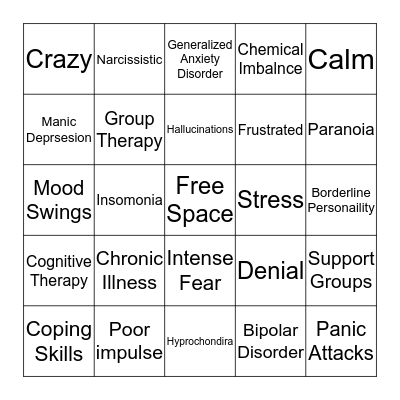 Mental Illness Bingo Card