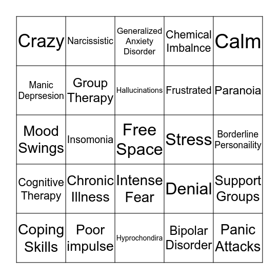 Mental Illness Bingo Card