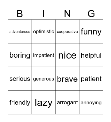 Adjectives Bingo Card