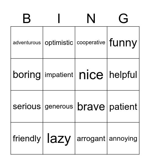 Adjectives Bingo Card