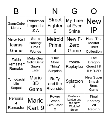 Nintendo Switch 2 Direct Bingo Card
