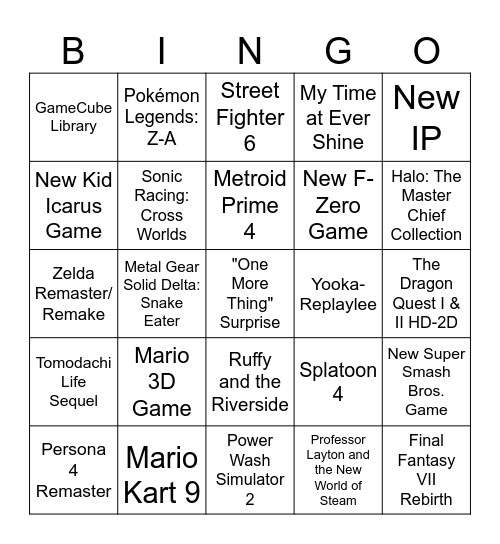 Nintendo Switch 2 Direct Bingo Card