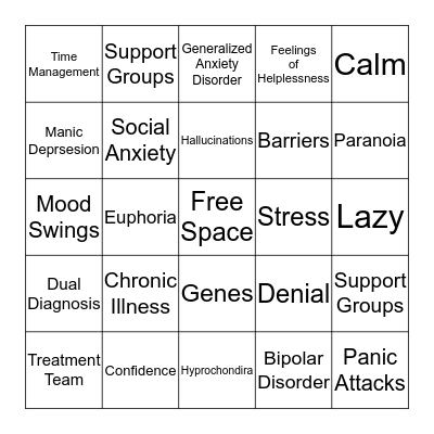 Mental Illness Bingo Card