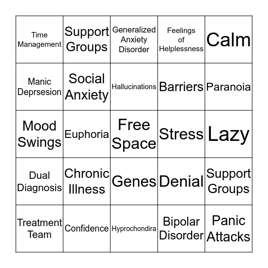 Mental Illness Bingo Card