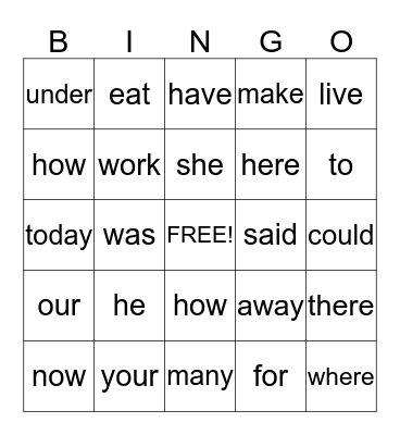 Sight word Bingo Card