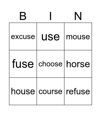 phonics 'se' Bingo Card