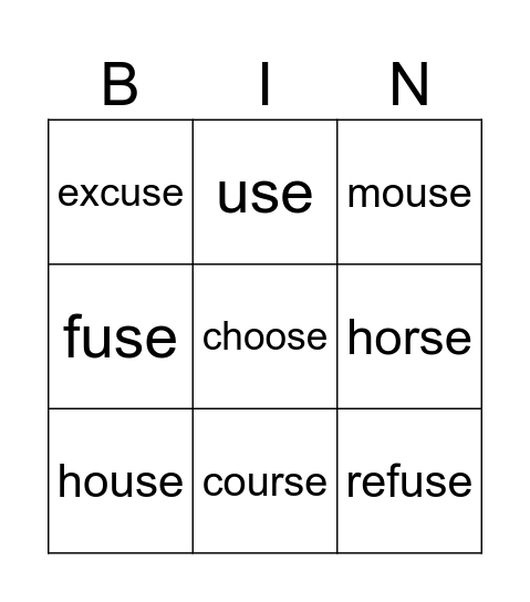 phonics 'se' Bingo Card