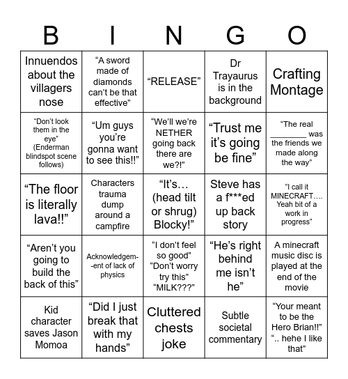 Minecraft Movie Bingo Card