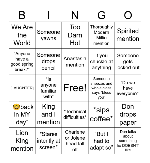 The Don Musical Lecture Bingo Card