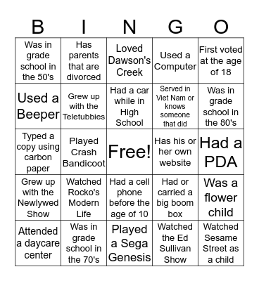 Generational Bingo Card
