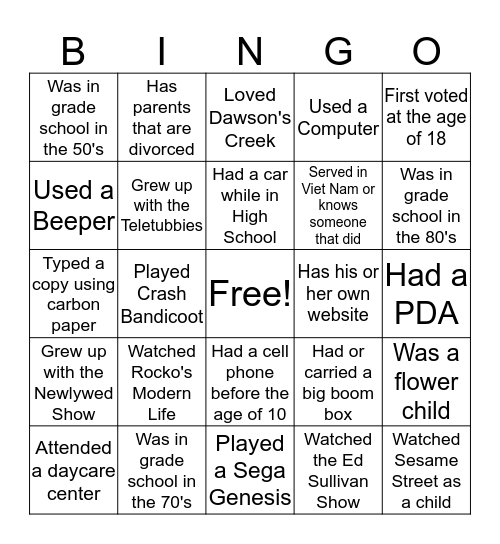 Generational Bingo Card