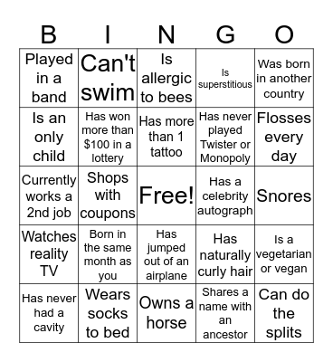 PEOPLE BINGO CARD 1 Bingo Card