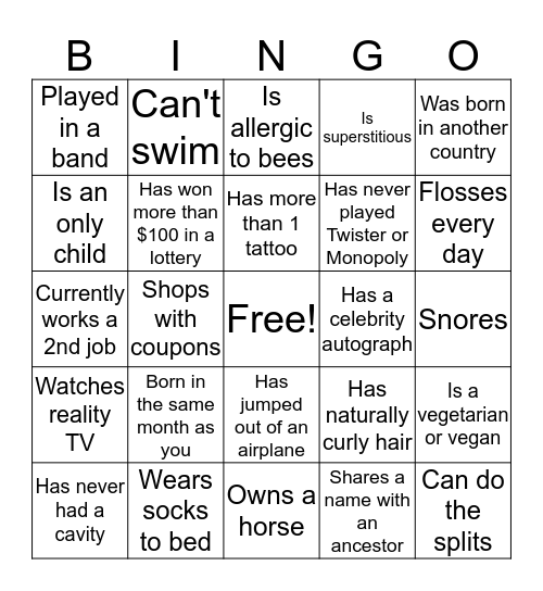 PEOPLE BINGO CARD 1 Bingo Card