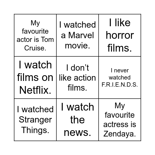 Films and TV programmes Bingo Card