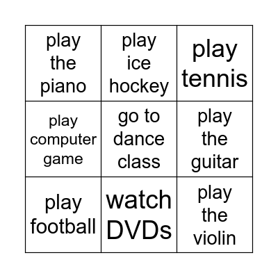 Activities Bingo Card