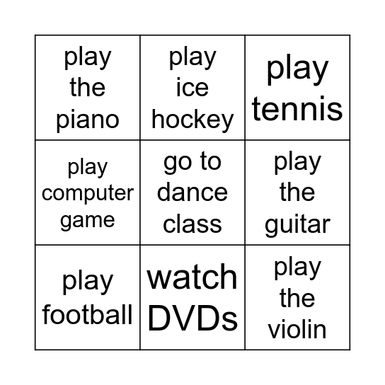 Activities Bingo Card