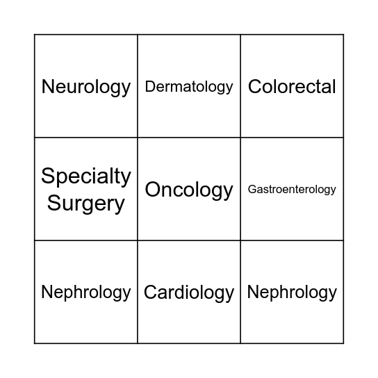 Medical Specialty Bingo Card