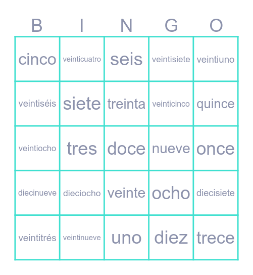 Los números del 1 al 31 Bingo Card