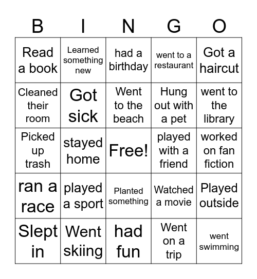 Spring Break Bingo Card