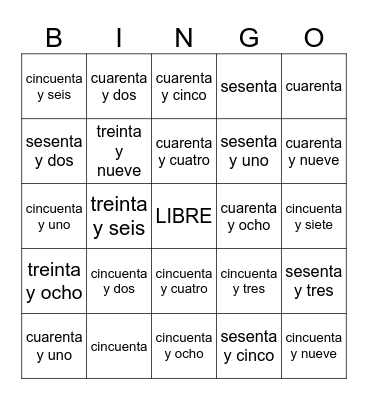 números del 34 al 66 Bingo Card