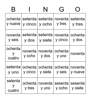 los números del 67 al 100 Bingo Card