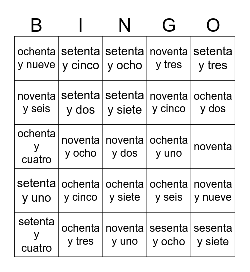 los números del 67 al 100 Bingo Card