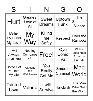 Cover Songs Singo Bingo Card
