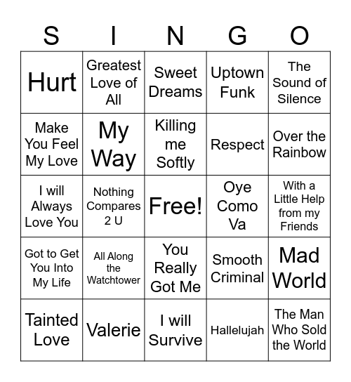 Cover Songs Singo Bingo Card