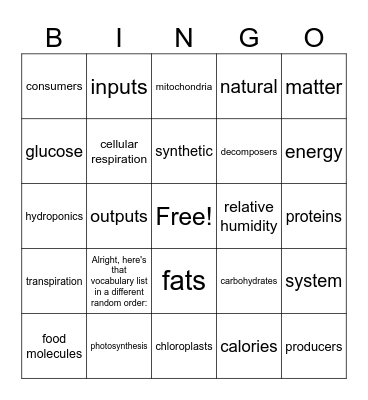 Matter Cycling and Photosynthesis Bingo Card