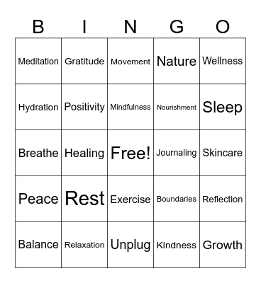 Mental Health Bingo Card