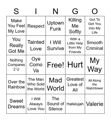 Cover Songs Singo Bingo Card