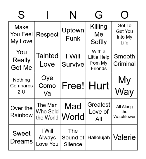 Cover Songs Singo Bingo Card