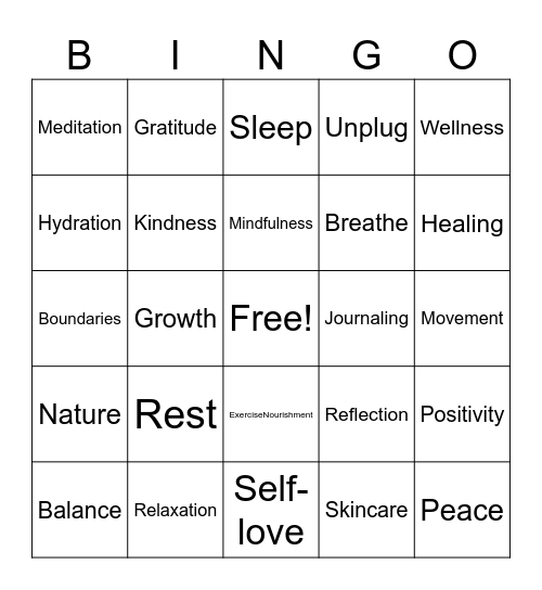 Mental Health Bingo Card