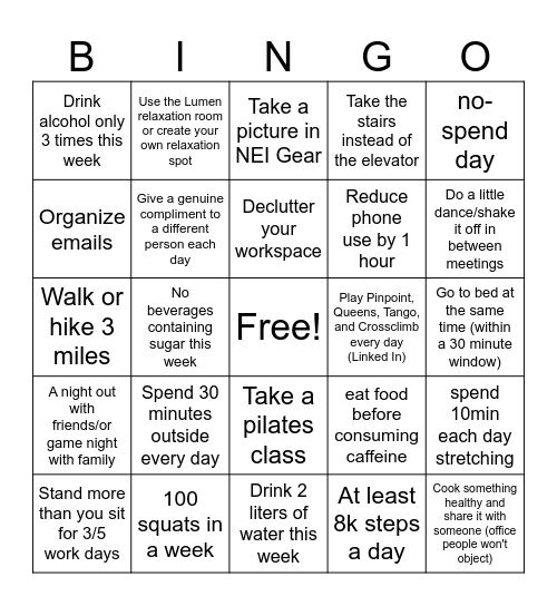 March Madness Wellness Challenge Week 4 Bingo Card