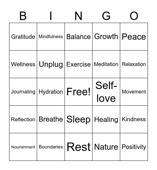 Mental Health Bingo Card