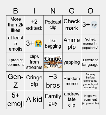 Youtube Shorts bingo Card