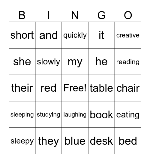 Parts of Speech Bingo Card