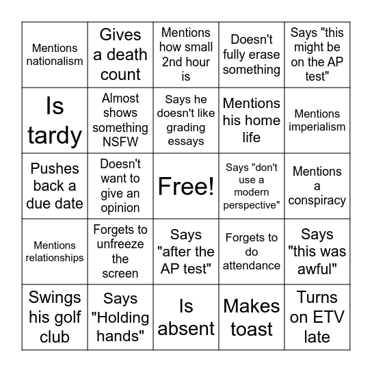 Mr. Kelbel Bingo Card
