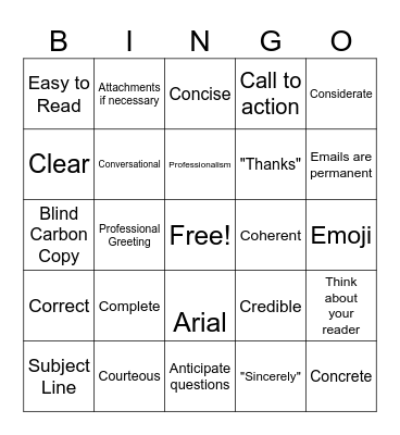 Email Etiquette Bingo Card