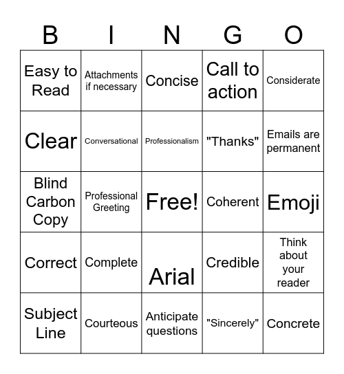 Email Etiquette Bingo Card