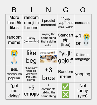 Youtube Shorts bingo Card