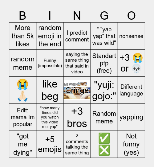Youtube Shorts bingo Card