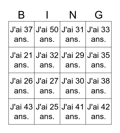 Tu as quel âge ? Bingo Card
